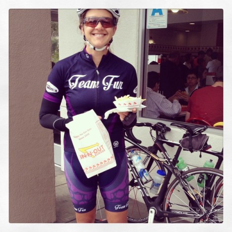 Heather enjoys her In-n-Out fries.  We shared one - I swear! (Snack #4)