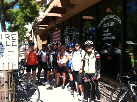 Sian, Tammy, Ellie, Judy, Keely, Laurie, Lindsay, and Michell pose in front of Carbon Connection