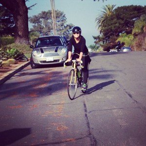 Mary, still smiling after riding up Santa Cruz St steepie on a standard crank.