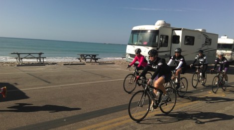 Jill leads the group through an ocean front park in Dana Point on the return trip.