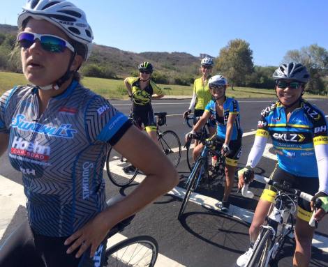 Front to back: Heather B, Janice, Melina, Sabine and Amada wait at the light turning on Stuart Mesa in Camp Pendleton